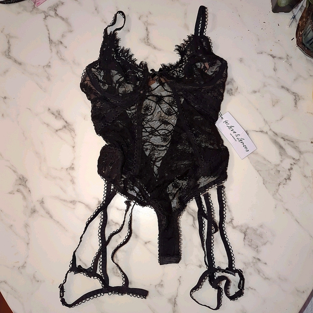 😍For Love & Lemons Black Garter Bodysuit
